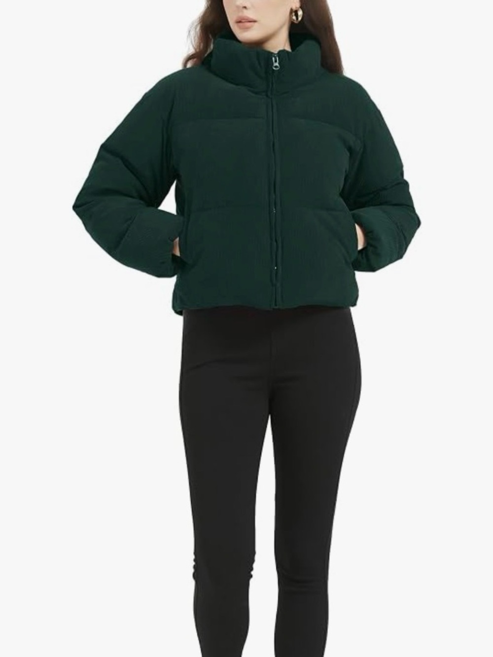 Flygo Womens Cropped Corduroy Puffer Jacket Winter Zip Quilted Down Coat, small